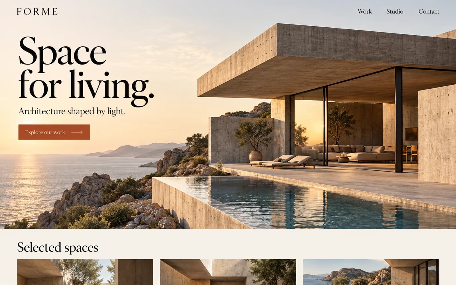 Example architecture studio website concept with editorial typography and a sunlit coastal house.