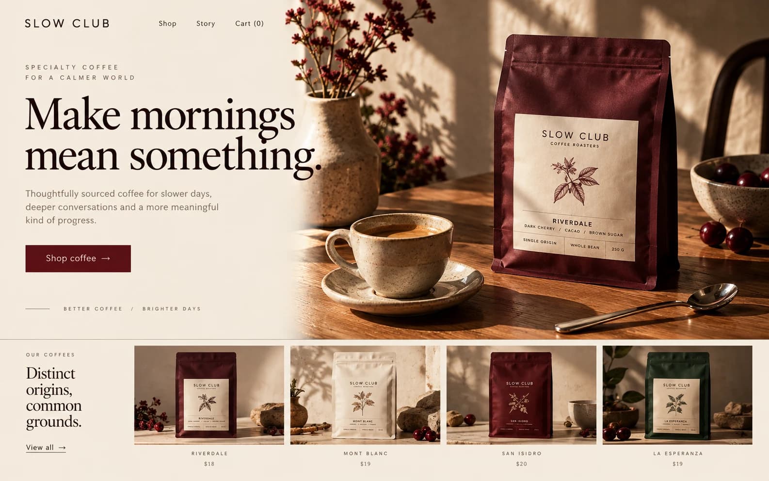 Example specialty coffee website concept with cream editorial typography and burgundy packaging in warm sunlight.