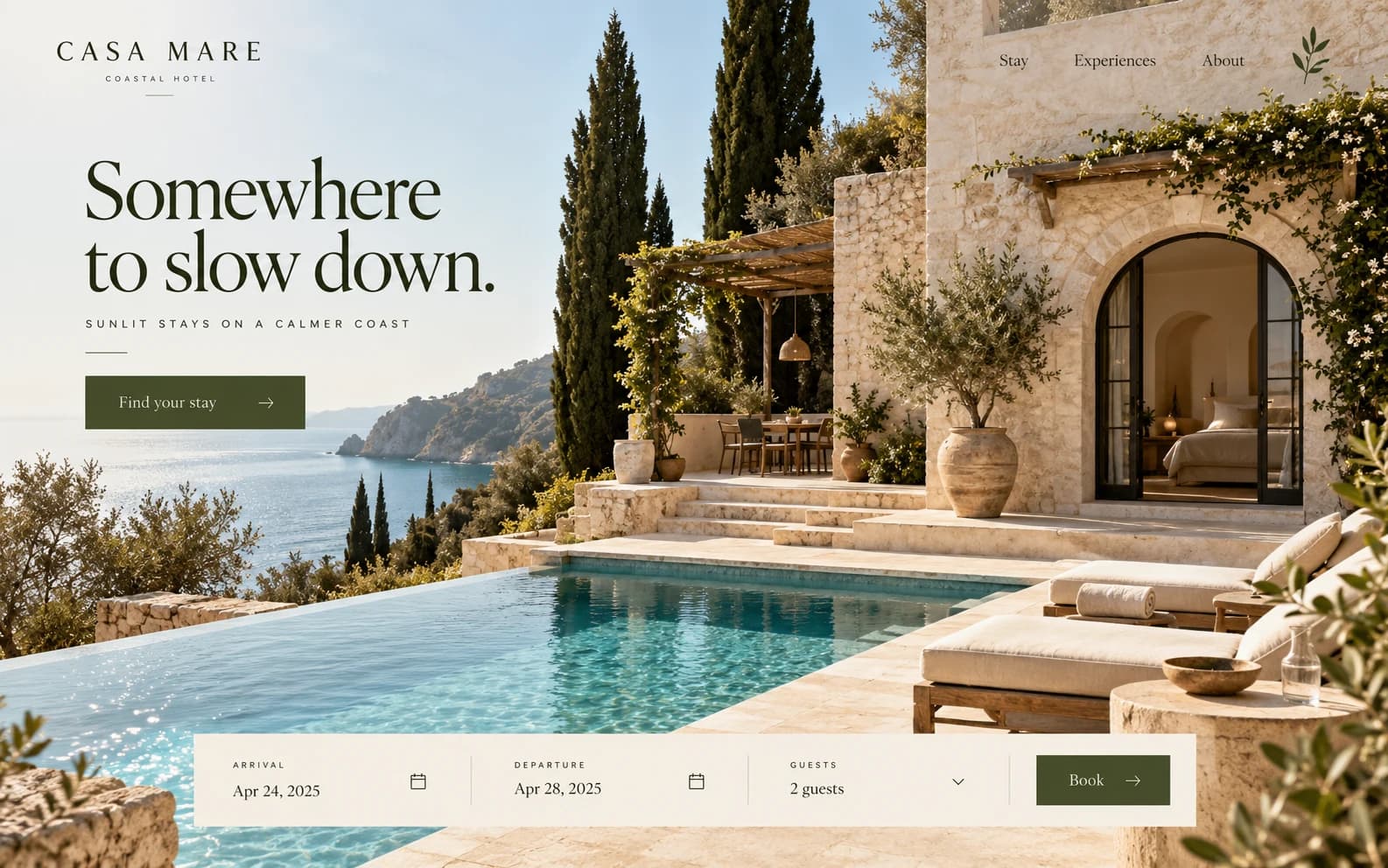 Example boutique hotel booking website with a sunlit coastal villa, pool, and olive editorial typography.